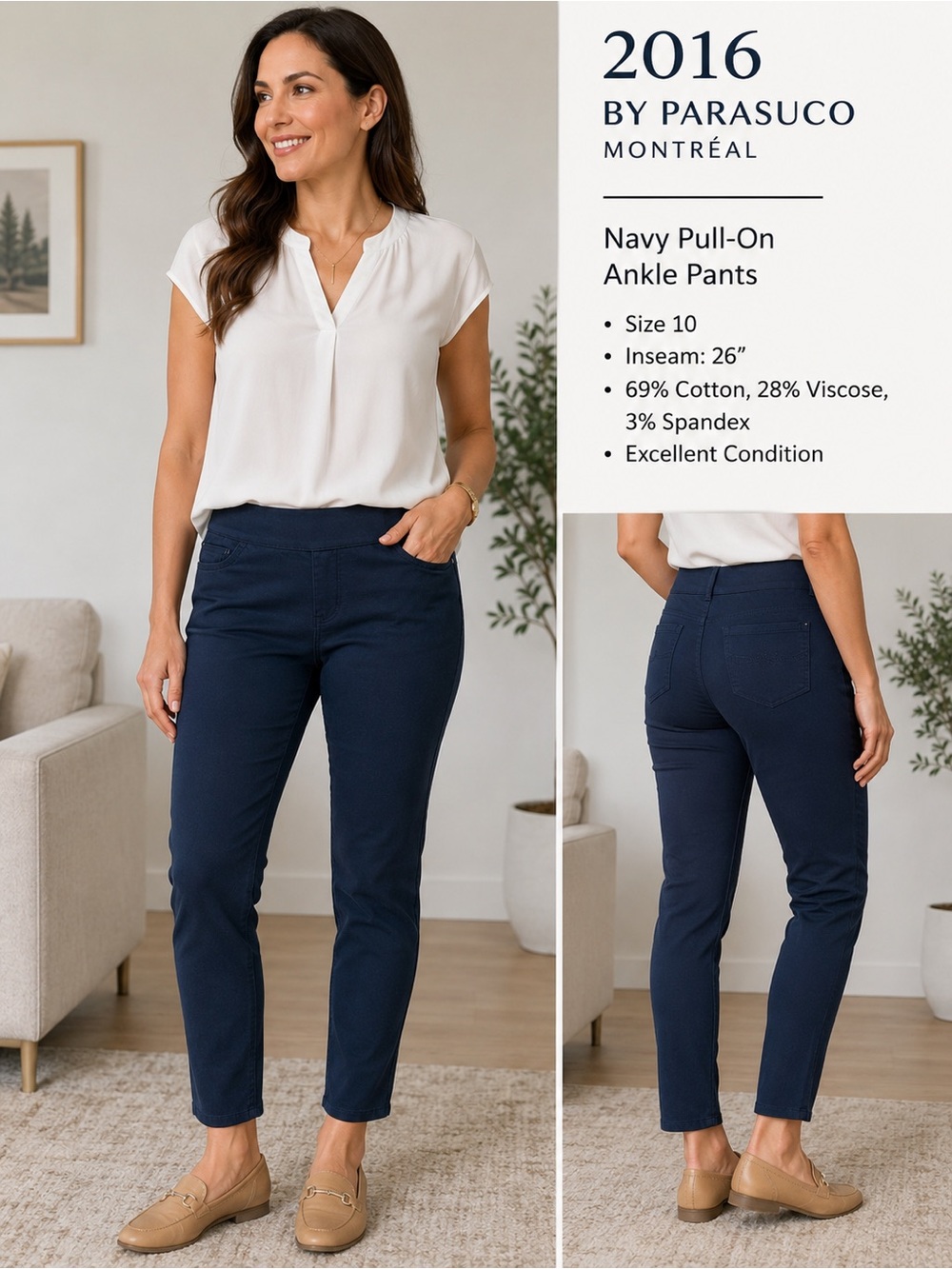 2016 by Parasuco Navy Pull-On Cropped Ankle Pants Size 10 Office Casual